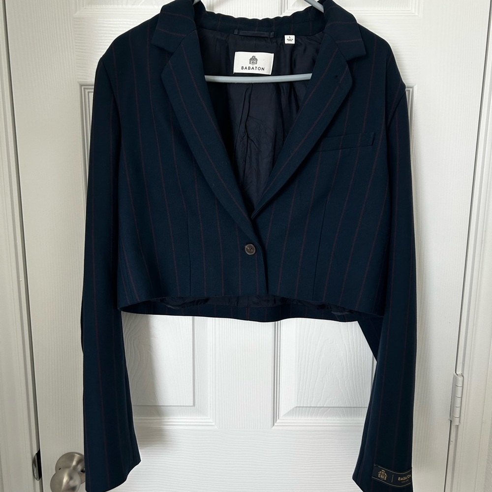 Babaton Dark Blue Pinstripe Cropped Blazer